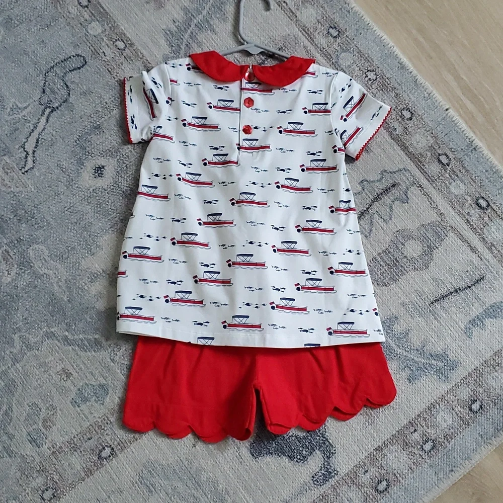 NWT Ishtex Girls Coastal Nautical Boat Matching Set Outfit Red White Blue Sz4/4T